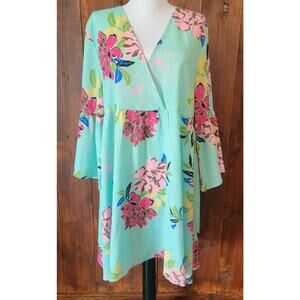 Umgee Women Large Mint Tropical Bell Sleeve Dress V-Neck Flowy Business Casual